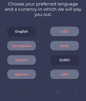 selectarea limbii și a monedei în aplicația Play & Earn