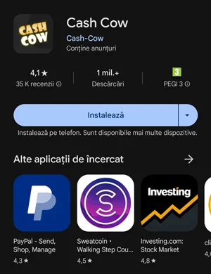 Cash Cow o aplicație de făcut bani care poate fi accesată în România prin Google Play