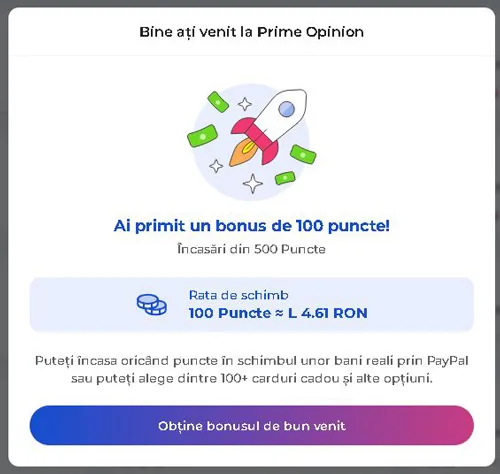 Bonus de înregistrare acordat de Prime Opinion