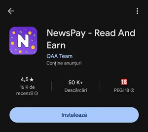 evaluarea utilizatorilor în Google Play pentru aplicația NewsPay