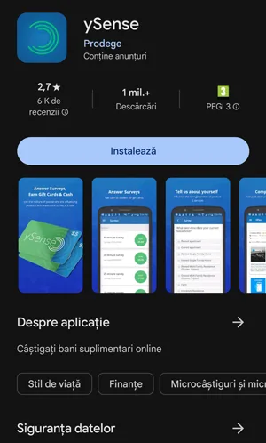 Câștigi bani direct pe telefon completând sondaje simple prin aplicația ySense, o platformă de recompense pentru începători care îți plătește pentru opiniile tale