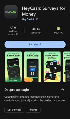 Câștigi bani pe net direct din telefon prin aplicația HeyCash, care îți dă plăți pentru completarea sondajelor și jucatul jocurilor online