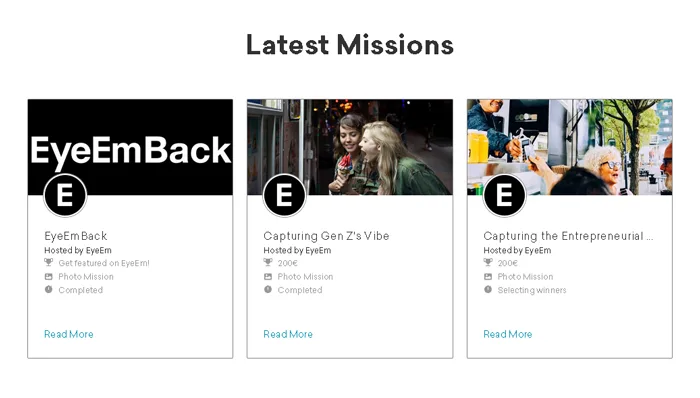 EyeEm organizează misiuni foto trimestriale unde poți să-ți înscrii pozele sau clipurile video pentru șansa de a câștiga bani din vânzarea lor