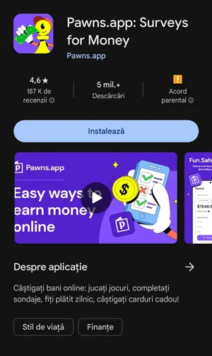 Aplicația Pawns îți aduce bani pe telefon prin activități simple ca testarea altor aplicații, completarea sondajelor sau jucatul jocurilor preferate, fiind perfectă chiar și pentru începători care vor să câștige un ban în plus din confortul canapelei