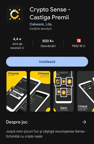 Criptomonede gratis în Crypto Sense ascunse după 100 de reclame Crypto Sense în Google Play