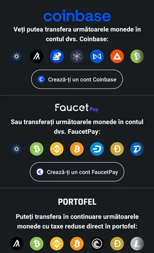 Criptomonede gratis în Crypto Sense ascunse după 100 de reclame portofel de criptomonede precum Coinbase, FaucetPay, Bitcoin Wallet pentru a transforma recompensele în diverse criptomonede
