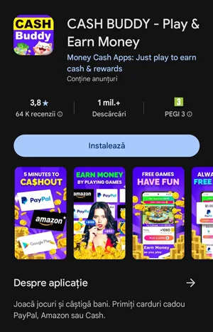 Adevărul despre Cash Buddy: Jocuri online pe telefon fără câștiguri Aplicația Cash Buddy este disponibilă numai în Google Play pentru telefoanele Android