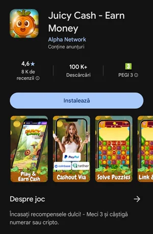 Aplicația Juicy Cash: Joci, Câștigi… Dar Cât de Mult? Aplicația Juicy Cash este compatibilă exclusiv pentru Android și este disponibilă doar în Google Play