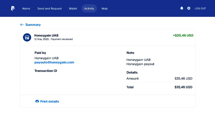 dovadă de plată primită în PayPal de la Honeygain pe data de 12 mai 2025