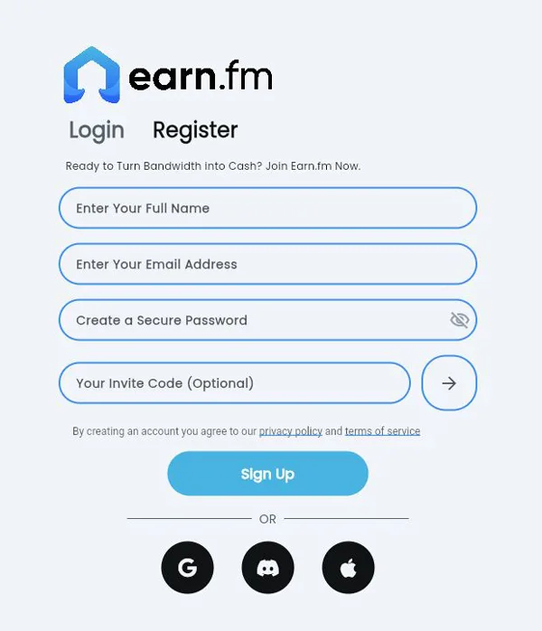 cum să îți creezi un cont nou pe EarnFM