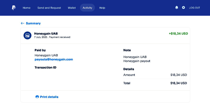 Honeygain Tutorial | Câștigă bani și bonusuri în mod pasiv dovadă de plată cu suma de bani primită în PayPal de la Honeygain pe data de 07 iulie 2025