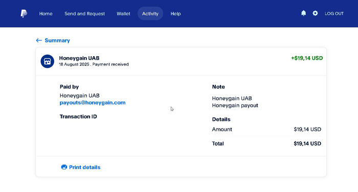 Honeygain Tutorial | Câștigă bani și bonusuri în mod pasiv dovadă de plată cu suma de bani primită în PayPal de la Honeygain pe data de 18 august 2025