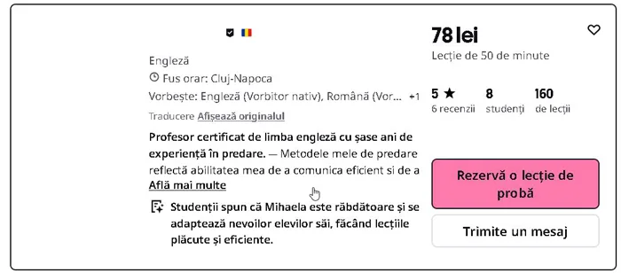 Exemplu de profil de meditator privat în România pe Preply