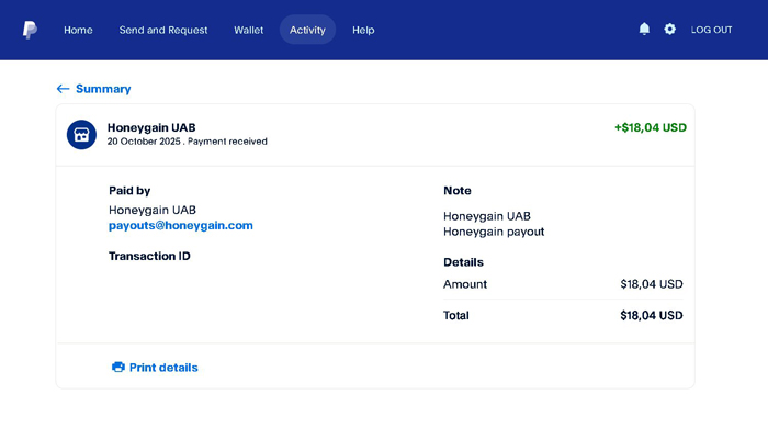 Honeygain Tutorial | Câștigă bani și bonusuri în mod pasiv dovadă de plată cu suma de bani primită în PayPal de la Honeygain pe data de 20 octombrie 2025