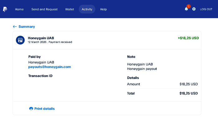 Honeygain Tutorial | Câștigă bani și bonusuri în mod pasiv dovadă de plată primită în PayPal de la Honeygain pe 12 martie 2026
