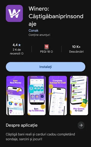 Winero Recenzie: Sondaje, oferte și recompense Winero este disponibil pe Google Play
