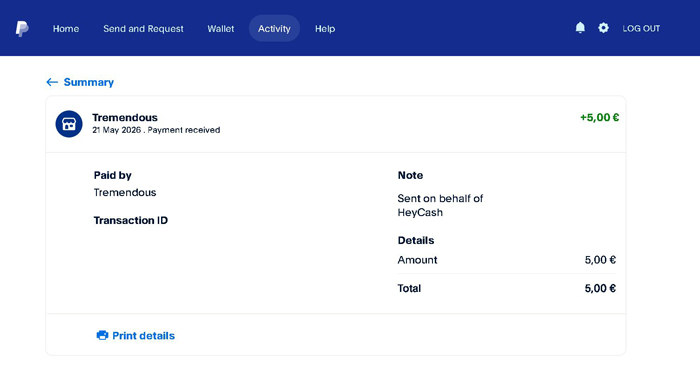 Dovada de plată primită de la HeyCash prin PayPal