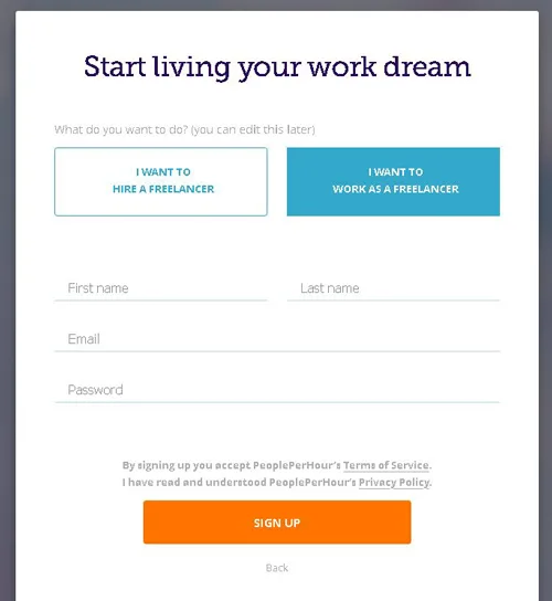 PeoplePerHour: Păreri și analiză completă formular de înscriere pe PeoplePerHour cu adresa de e-mail