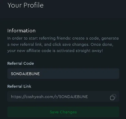 opțiune de creare a unui cod de promovare oferită de CashYeah
