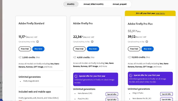 Adobe Firefly Premium cu planuri și prețuri