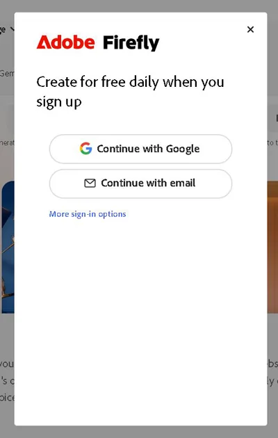 opțiuni principale pentru crearea unui cont nou pe Adobe Firefly
