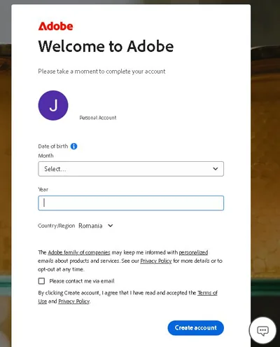 formular pentru crearea unui cont nou pe Adobe Firefly
